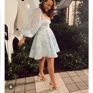 Selkie White and Blue Puff Sleeve A-Line Dress
